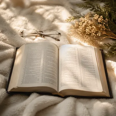 Open Bible with Glasses in Warm Light