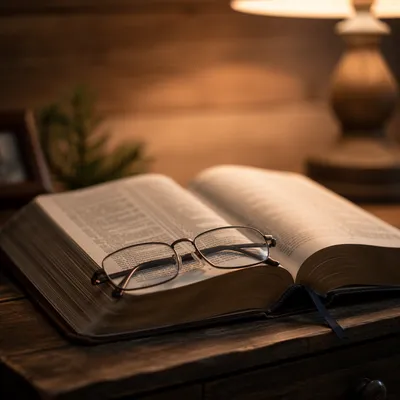 Open Bible With Glasses in Warm Lamplight