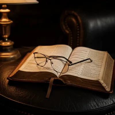 Open Bible with Reading Glasses in Warm Light