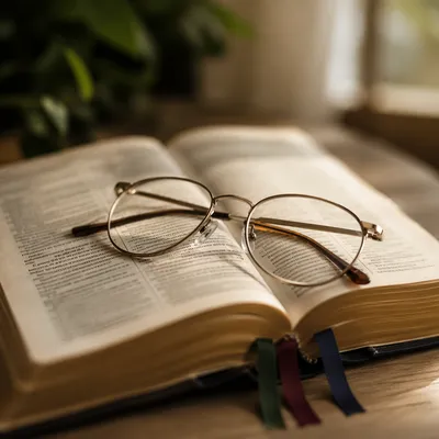 Open Bible with Reading Glasses in Warm Light