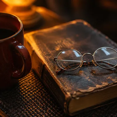 Closed Bible with Reading Glasses and Mug