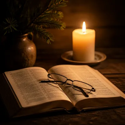 Bible with Reading Glasses in Candlelight