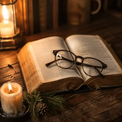Open Bible with Glasses in Warm Light