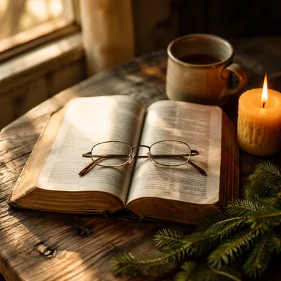 Open Bible with Glasses in Warm Morning Light