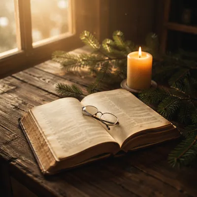Open Bible with Glasses in Warm Light