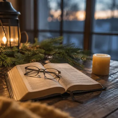 Open Bible with Glasses in Warm Light