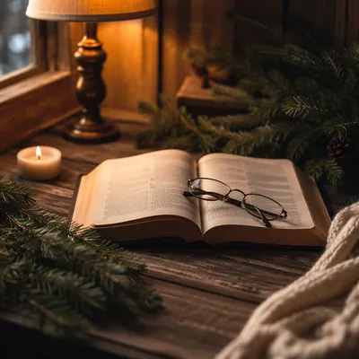 Bible with Reading Glasses in Warm Light