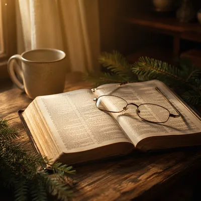 Open Bible with Glasses in Warm Lamplight