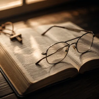 Open Bible with Glasses in Warm Light