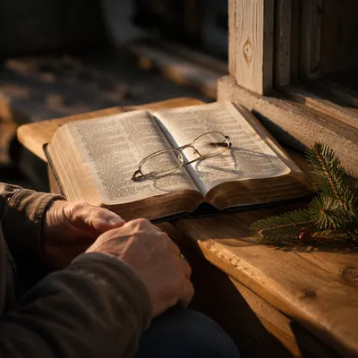 Open Bible with Reading Glasses in Warm Light