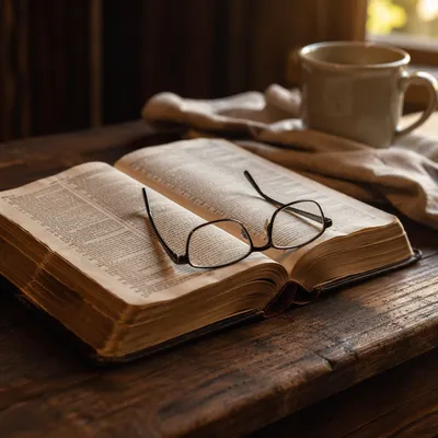 Open Bible with Reading Glasses in Warm Light