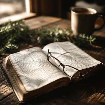 Open Bible with Glasses in Warm Light