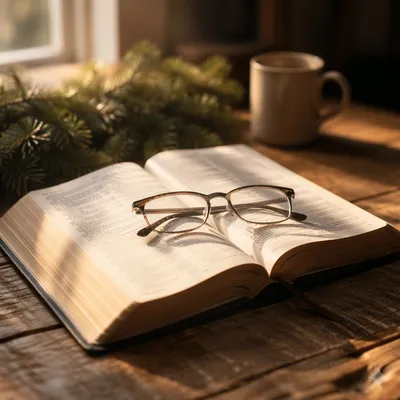 Open Bible with Reading Glasses in Warm Light