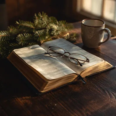 Open Bible with Glasses in Warm Light