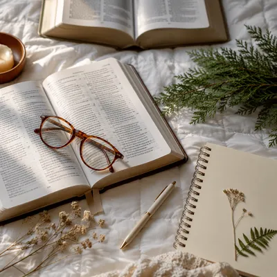 Open Bible with Reading Glasses and Evergreens