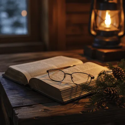 Open Bible with Glasses in Warm Cabin Light