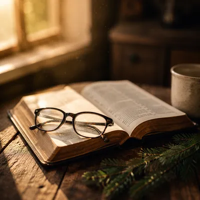 Reading Glasses on Bible in Warm Light