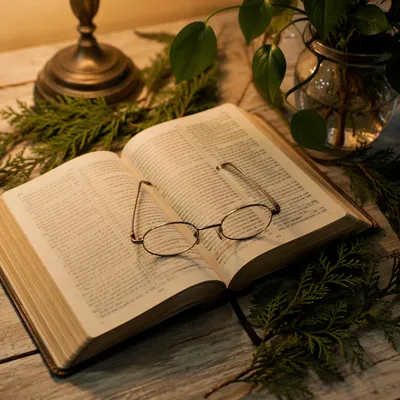 Open Bible with Glasses in Warm Light