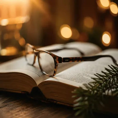 Open Bible with Glasses in Warm Light