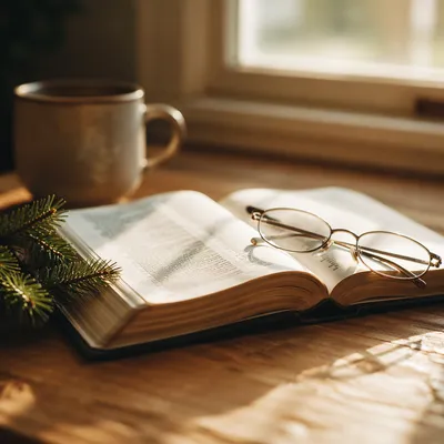 Open Bible with Glasses in Morning Light