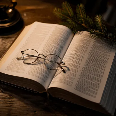 Open Bible with Glasses in Warm Lamplight