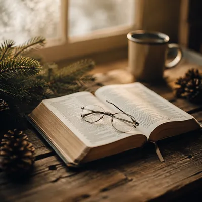 Open Bible With Glasses in Warm Evergreen Light