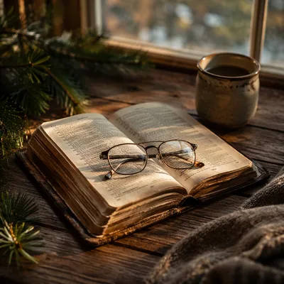 Open Bible with Glasses in Warm Light