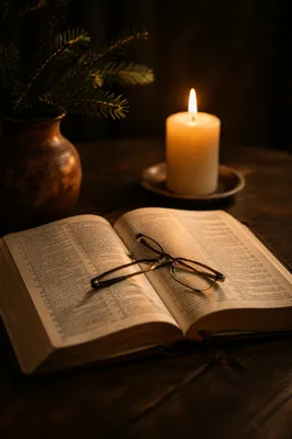 Open Bible With Glasses in Candlelight