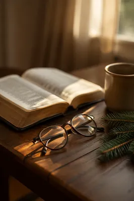 Open Bible with Reading Glasses and Evergreen