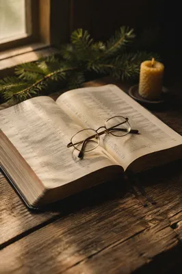 Open Bible with Glasses in Warm Light