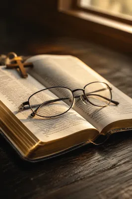 Open Bible with Reading Glasses in Warm Light
