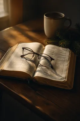 Open Bible with Glasses in Warm Light
