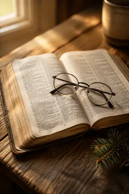 Open Bible with Reading Glasses in Warm Light