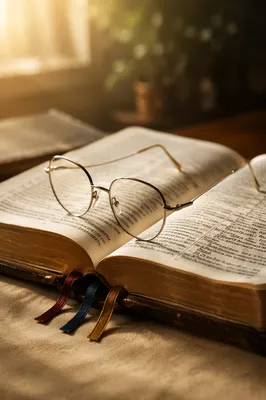 Open Bible with Reading Glasses in Warm Light