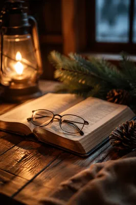 Open Bible with Glasses in Warm Cabin Light