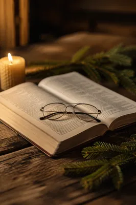 Open Bible With Glasses in Warm Lamplight