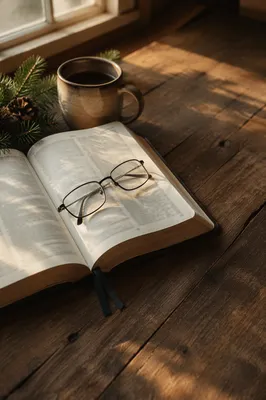 Open Bible with Reading Glasses in Warm Light
