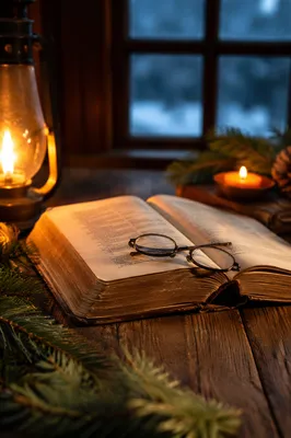 Open Bible with Glasses in Warm Lamplight