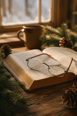 Open Bible With Reading Glasses and Evergreen
