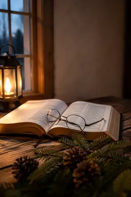 Open Bible and Glasses in Warm Lamplight