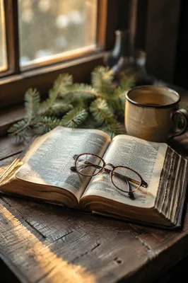 Bible and Reading Glasses in Warm Light