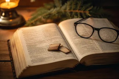 Open Bible with Reading Glasses in Warm Light