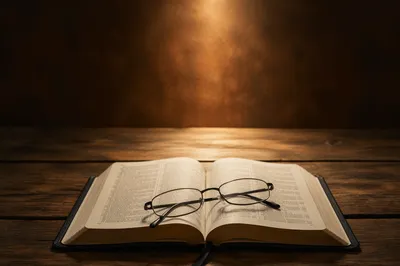 Open Bible with Reading Glasses in Warm Light
