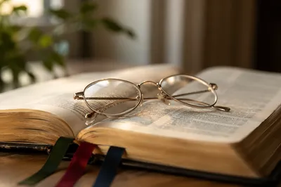 Open Bible With Reading Glasses in Warm Light
