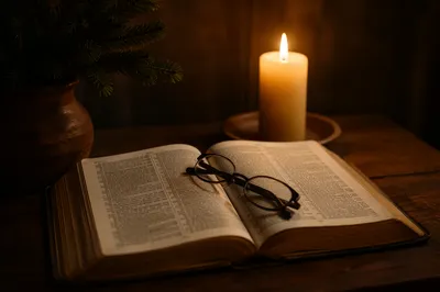 Open Bible with Glasses in Candlelight