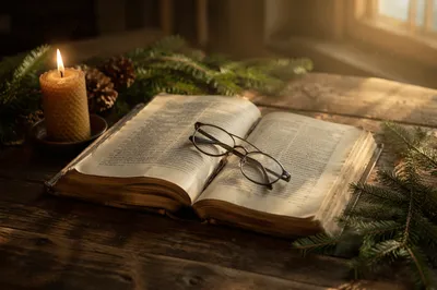 Open Bible with Glasses in Warm Evergreen Light