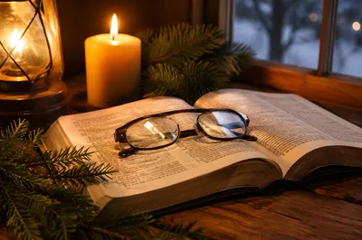 Open Bible with Glasses in Warm Light
