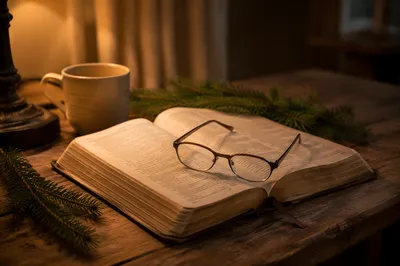 Open Bible with Glasses in Warm Lamplight