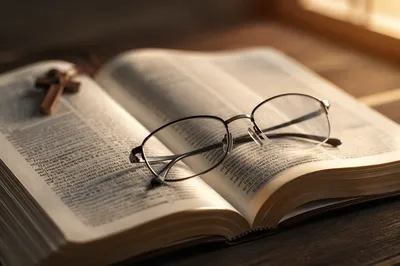 Open Bible with Reading Glasses in Warm Light
