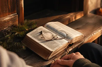 Open Bible With Reading Glasses in Warm Light